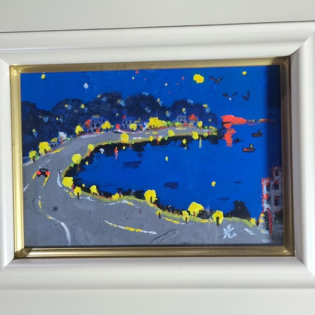 夜景 油彩画 小版　サインあり　　　　　　 海岸通り