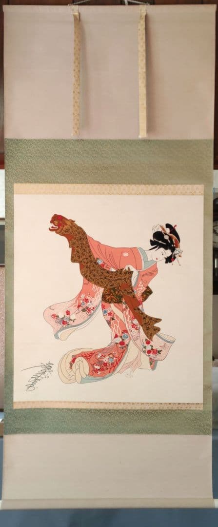 美人画　縮緬　掛軸　Y224