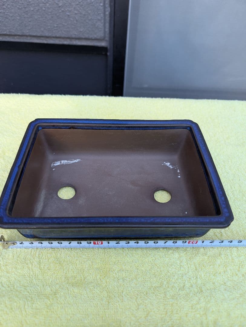 法徳、陶器製 盆栽鉢 青色の縁取り 約20cm