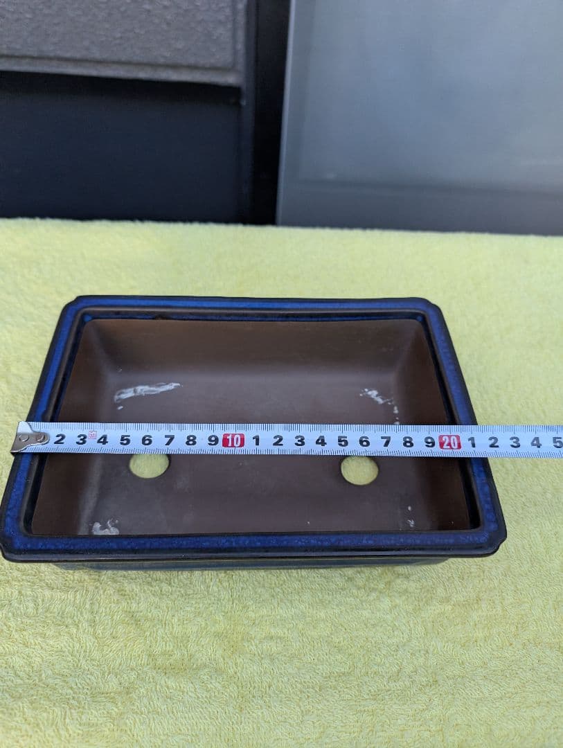 法徳、陶器製 盆栽鉢 青色の縁取り 約20cm