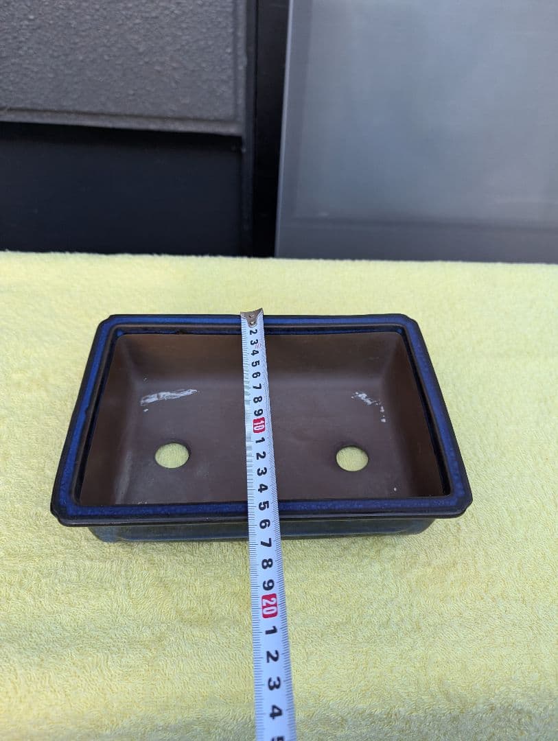 法徳、陶器製 盆栽鉢 青色の縁取り 約20cm