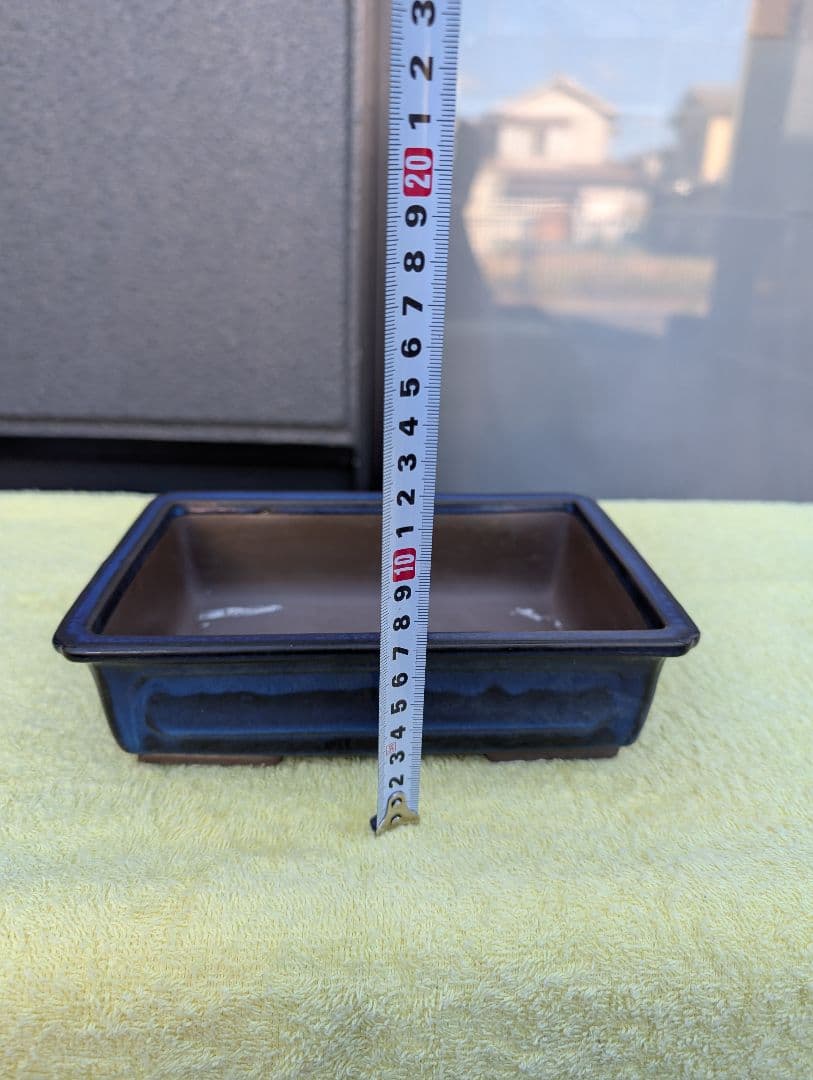 法徳、陶器製 盆栽鉢 青色の縁取り 約20cm