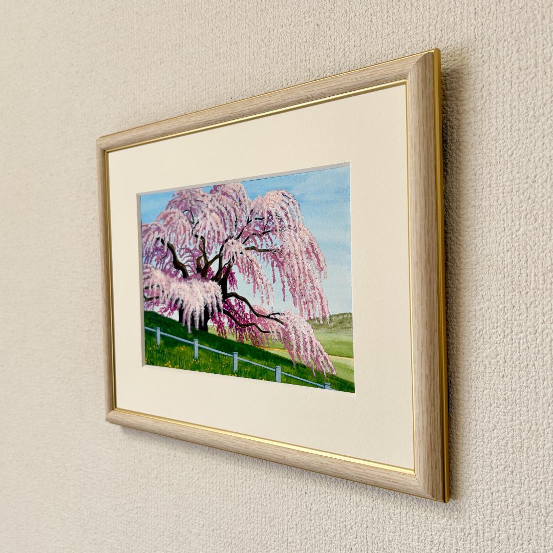 アクリル画　原画　「三春滝桜」額縁付　SMサイズ　風景画