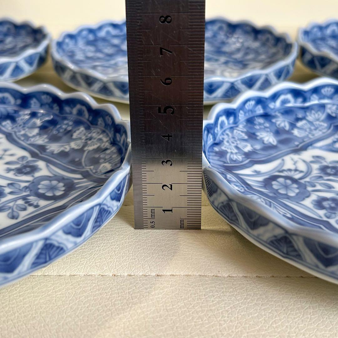 三洋陶器　龍峰窯　染付更紗　中皿揃　5枚セット　輪花皿　花鳥　和皿　取皿　銘々皿