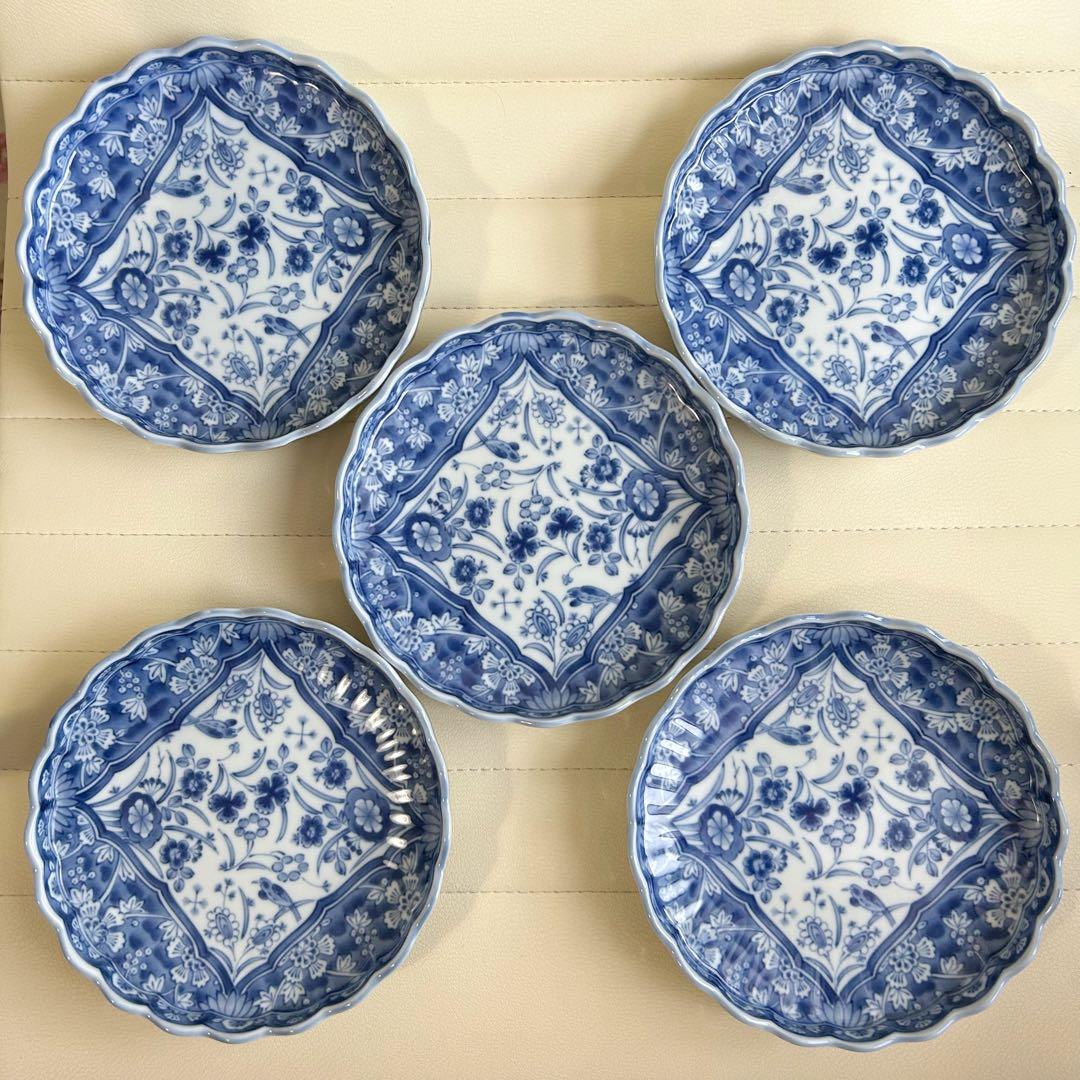 三洋陶器　龍峰窯　染付更紗　中皿揃　5枚セット　輪花皿　花鳥　和皿　取皿　銘々皿