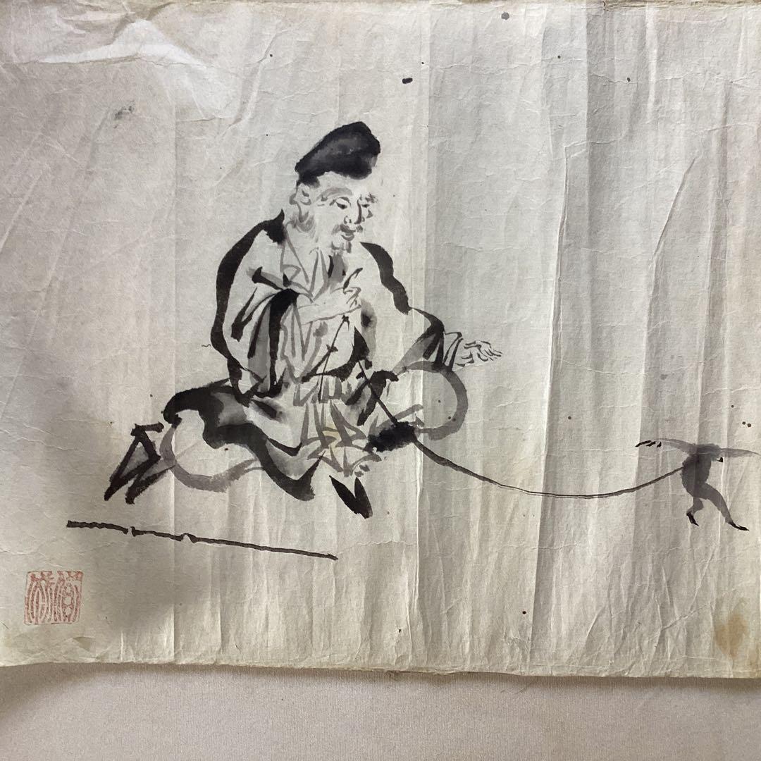 池大雅　　紙本　捲り　三筆　【　竹林賢人　寿老人　人物図　】　水墨画真作保証