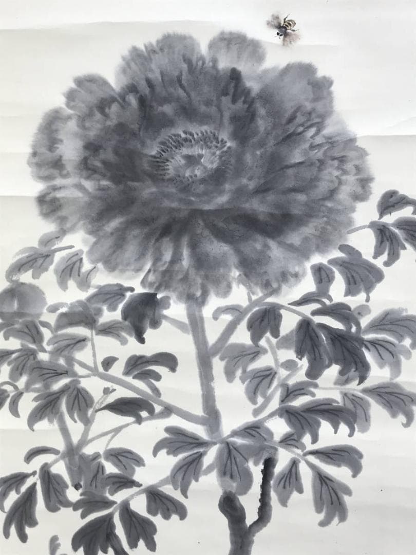【真作】蒼樹健/牡丹に蜂図/花図/春の花図/花鳥図/掛軸/名家伝来/AD-312