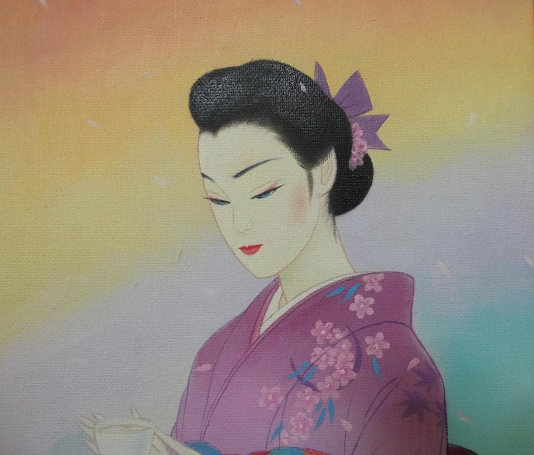 絵画 油彩　鶴田一郎「美人画」 サイン　F6サイズ　額装済み 肉筆手描き