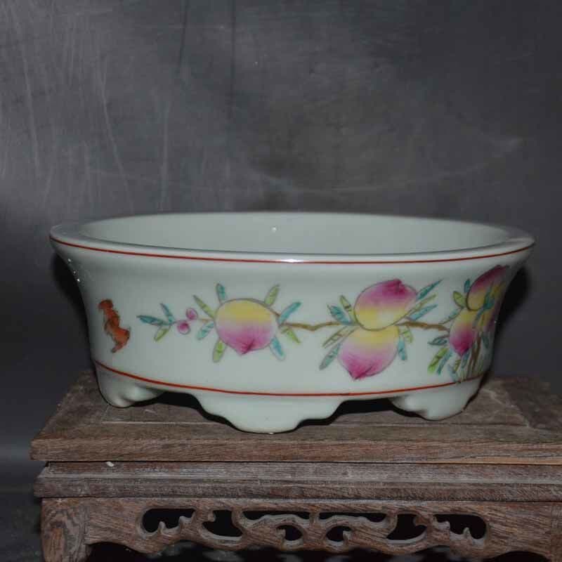 景徳鎮 手画パステル彩寿桃筆洗 水仙鉢 装飾品 現代工芸品 置物
