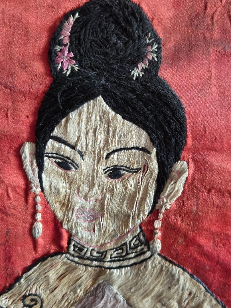 中国アンティーク　シルク(？)　刺繍 寿老（寿星）(？)　西王母(？)　壁掛け