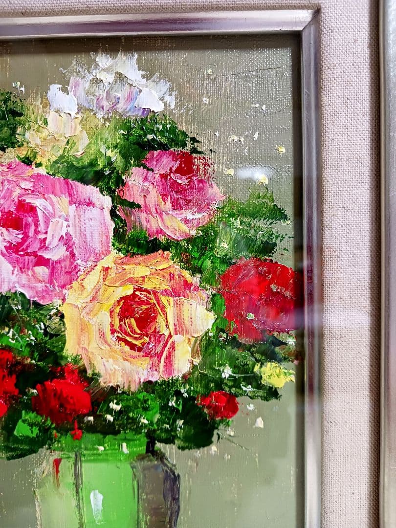 豪華新品未使用！肉筆油絵　薔薇　　　シルバー額縁付き31cm×38cm×6cm