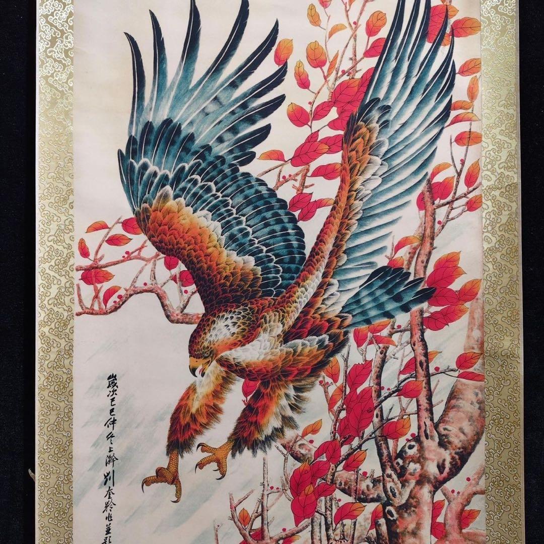 劉奎齢 鷹図　四尺中堂掛け軸　中国花鳥画　宣紙　書画工芸