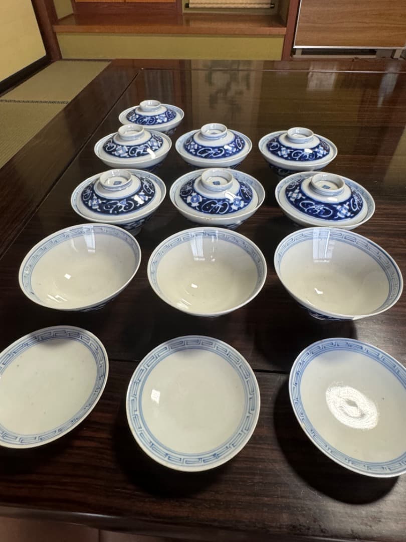 古伊万里 伊万里焼　染付総模様蓋付碗　10客　　江戸後期