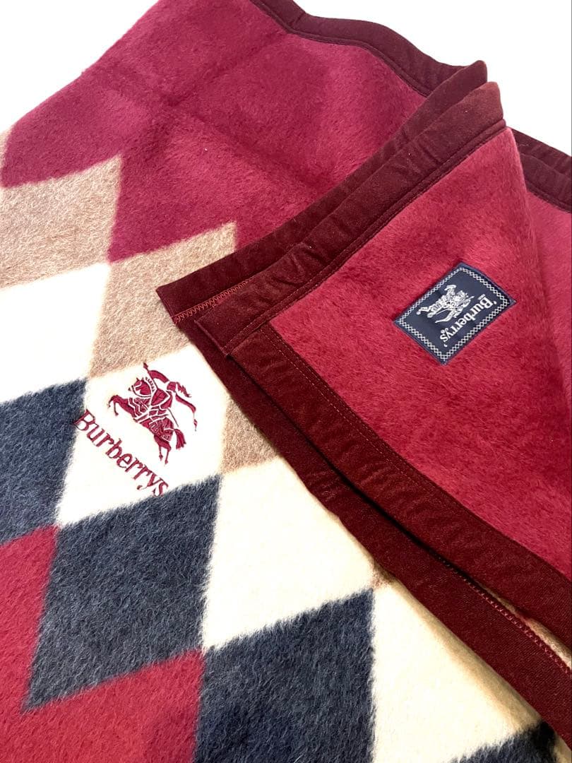 ⭐️未使用　Burberrys アーガイル柄　純毛毛布　ラム混　西川産業　ボルドー