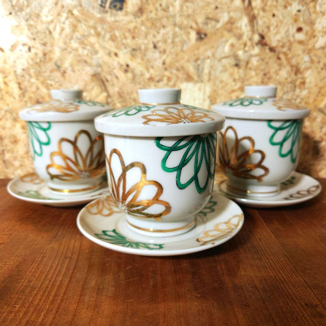 昭和レトロ　3セット　器　茶碗蒸し　湯呑み　茶器　蓋付　小皿　金彩　緑　グリーン