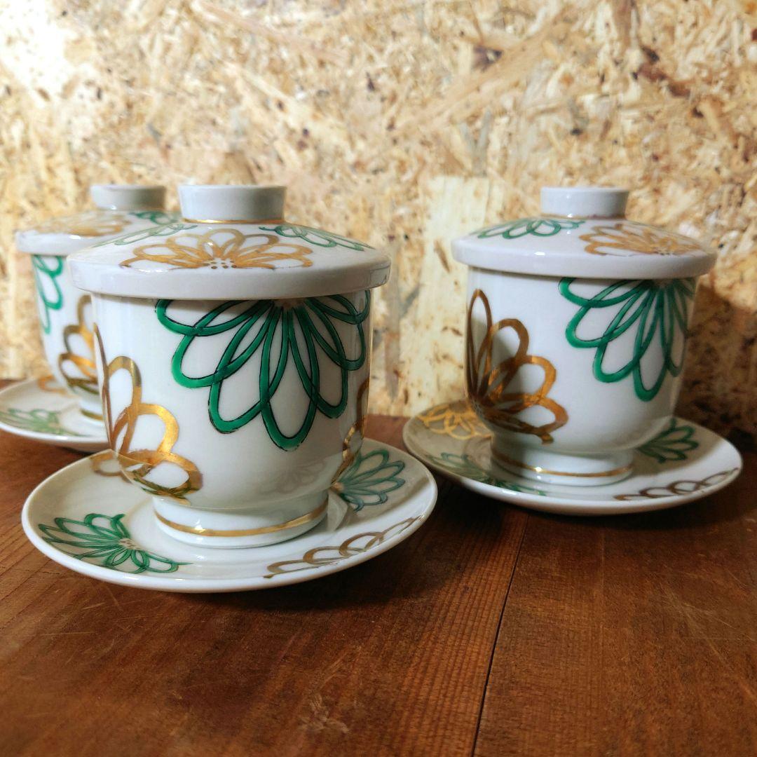 昭和レトロ　3セット　器　茶碗蒸し　湯呑み　茶器　蓋付　小皿　金彩　緑　グリーン