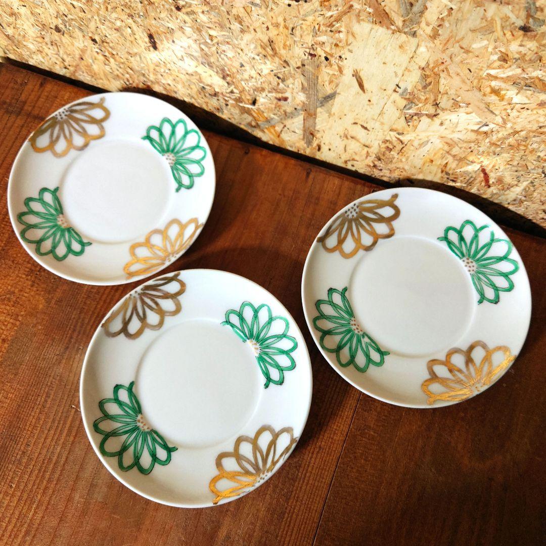 昭和レトロ　3セット　器　茶碗蒸し　湯呑み　茶器　蓋付　小皿　金彩　緑　グリーン