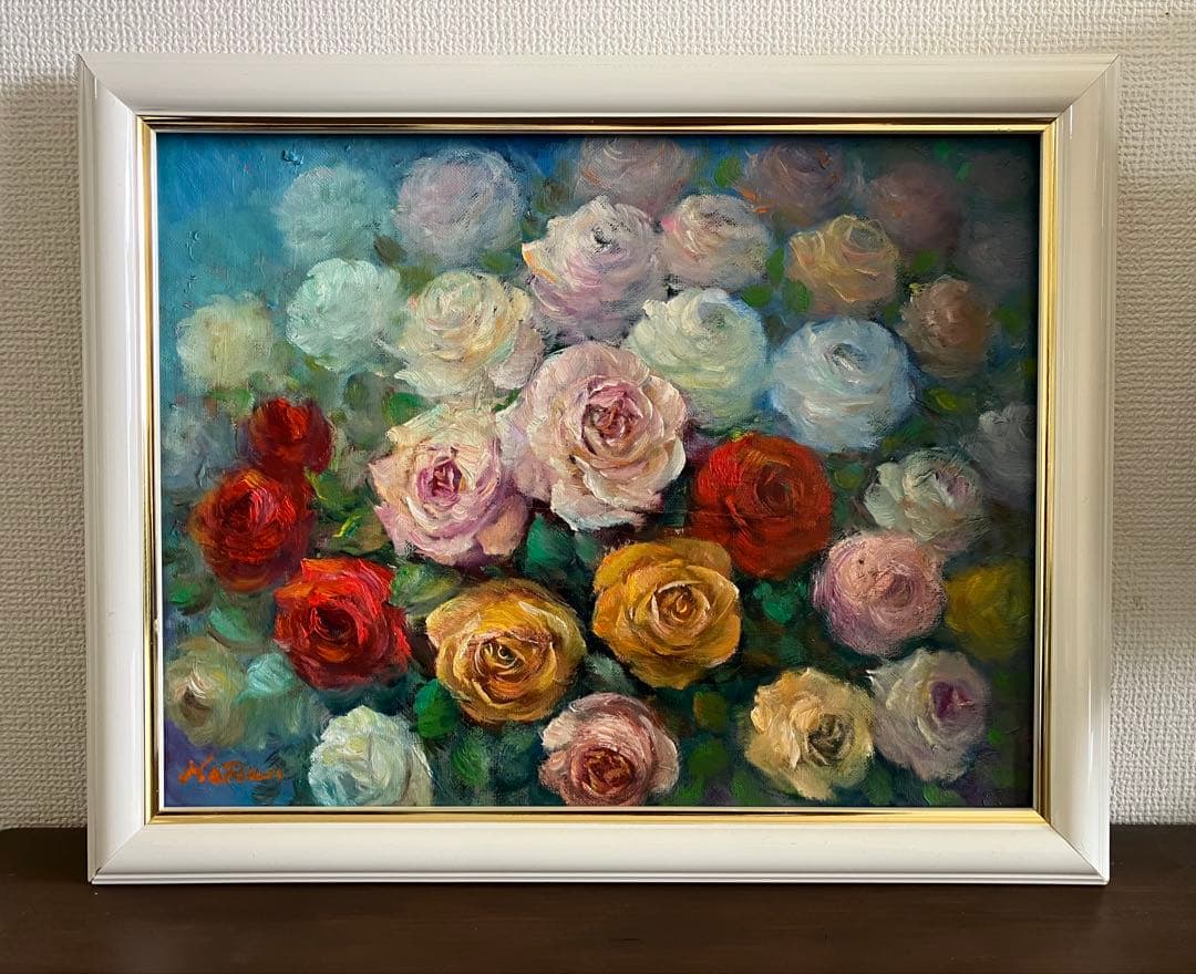 HaRu 薔薇 ばら バラ 花 1点物 真作 原画 絵画 油絵 ♪ 額縁 F6