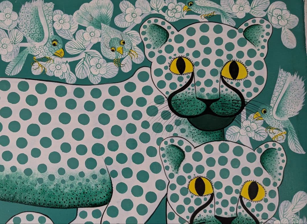 ●アフリカの絵画、ティンガティンガ、チーターの親子、グリーン、58×80cm