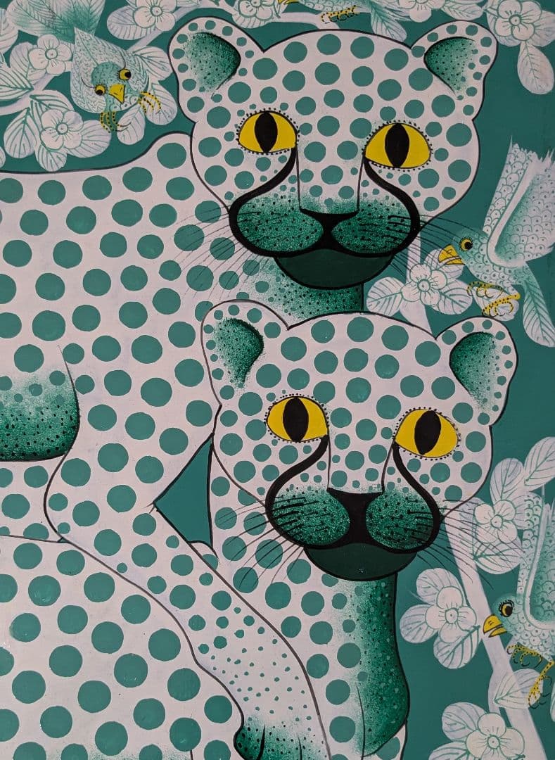 ●アフリカの絵画、ティンガティンガ、チーターの親子、グリーン、58×80cm