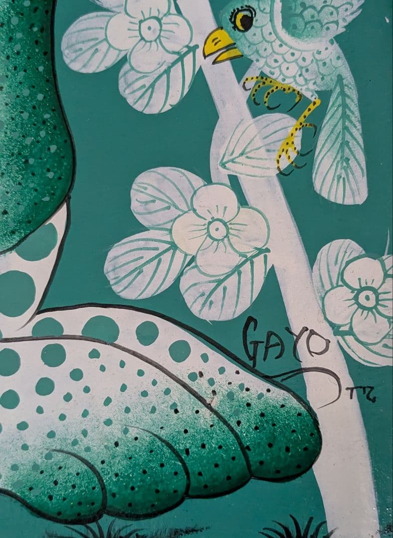 ●アフリカの絵画、ティンガティンガ、チーターの親子、グリーン、58×80cm