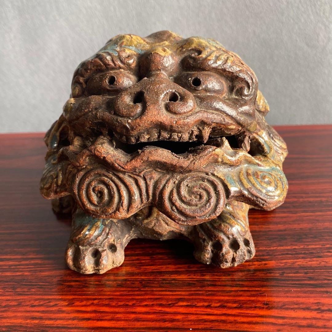 伊賀焼　獅子頭香爐　江戸時代後期　香炉　置物　床飾り