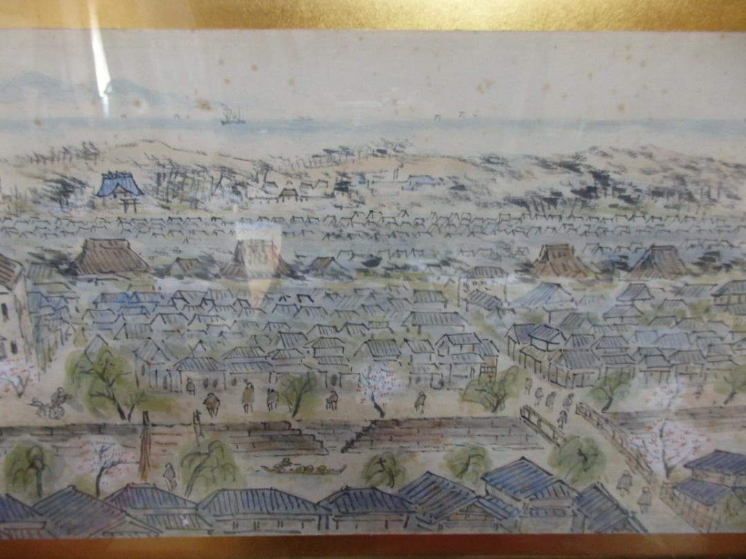 新潟昔の風景画家　高橋五仙子思い出の新潟百景『西堀通』紙本 額装(扁額)直筆保証