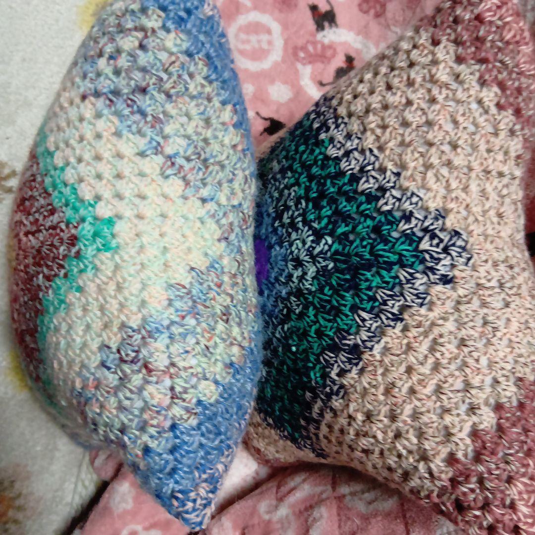 手編みクッション２個セット40×40cm・昭和レトロ風・純毛毛糸