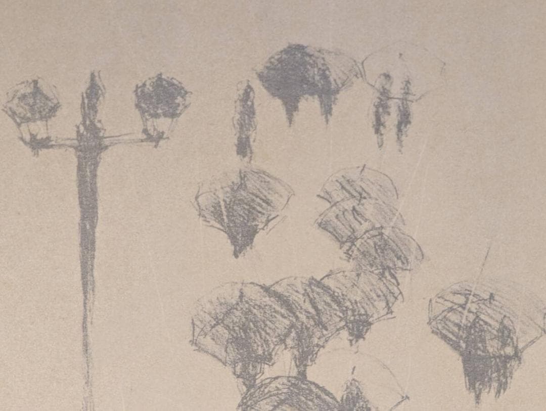【真作】版画　リトグラフ　Rain　傘と街灯の情景　現代版画作品　Z94
