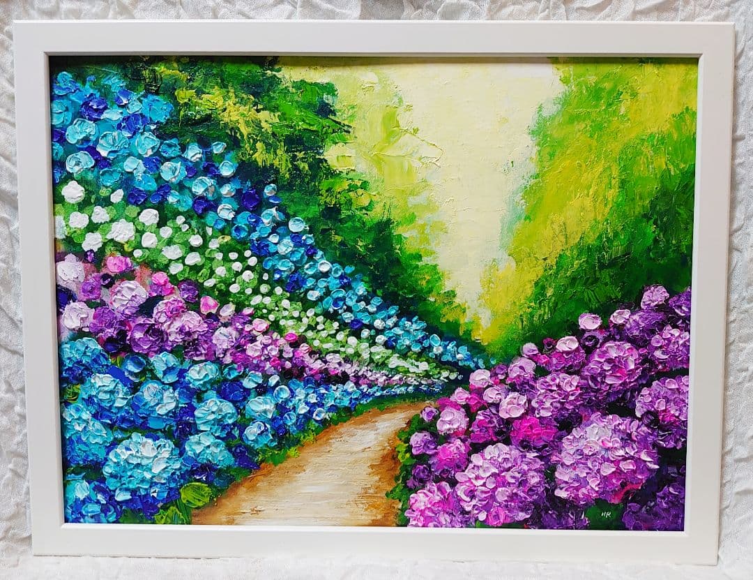 油絵 絵画【あじさいの道】