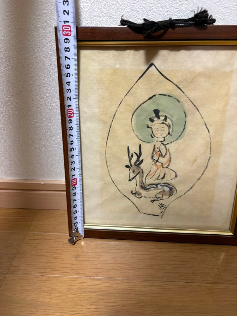 水墨画 人物と鹿 木製額縁付き 地蔵様 和風 インテリア 仏画
