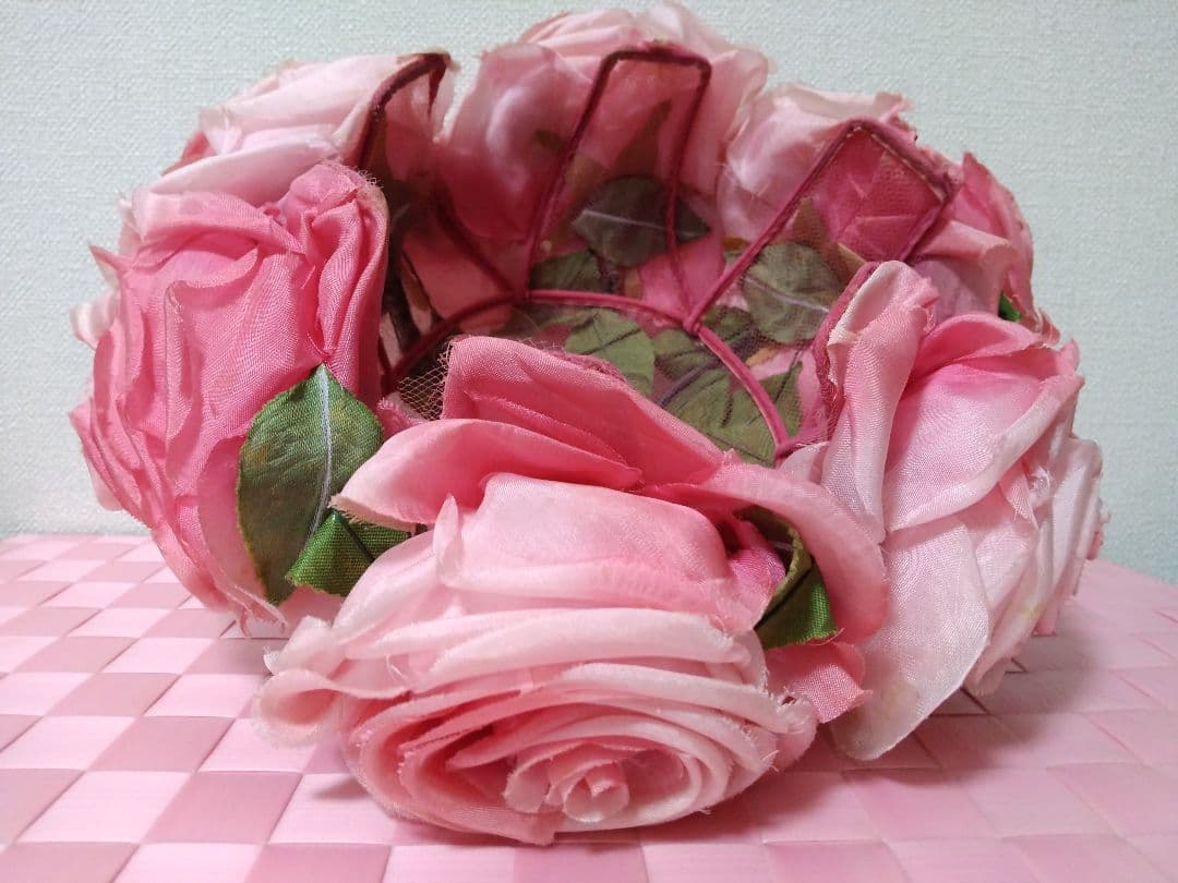 アンティーク フランス ピンク 薔薇の布花 小物入れ