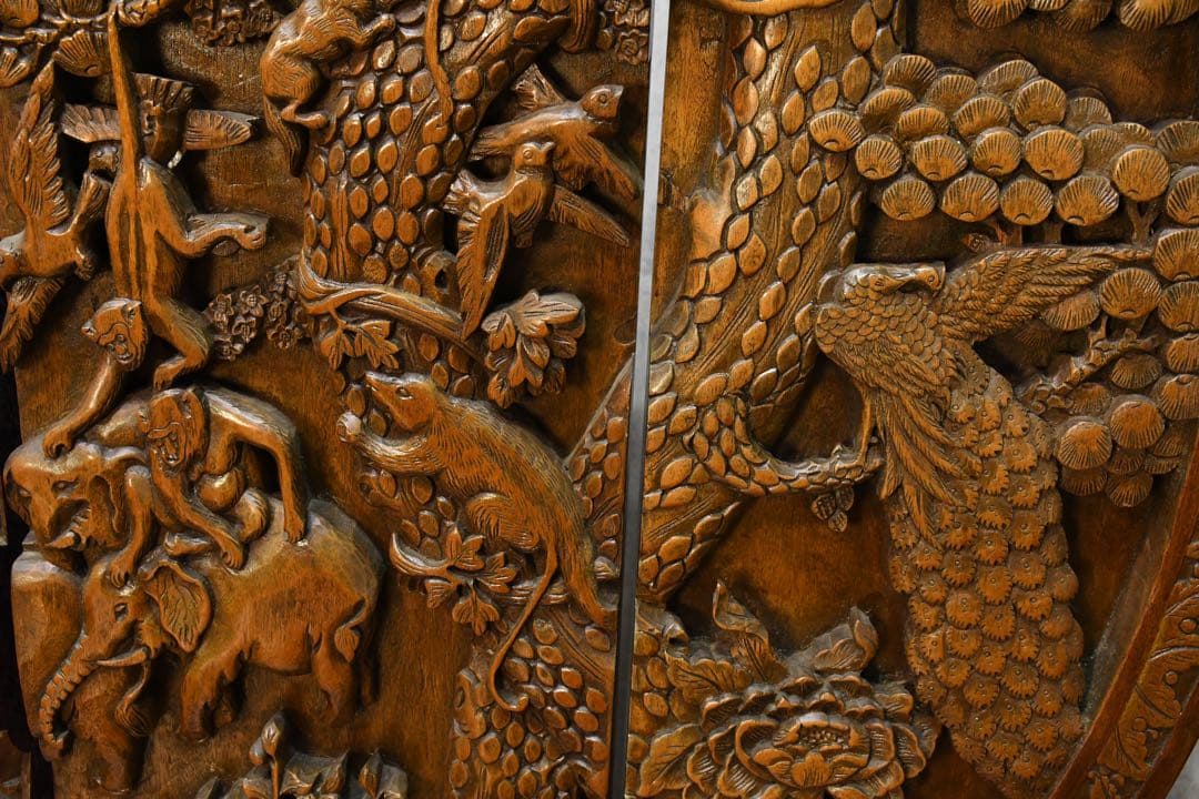 DIK136 中国古美術 見事な木彫刻 4枚折り衝立 間仕切り オブジェ 4連