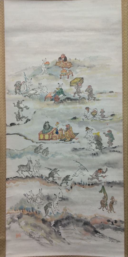 【みりん様用】鳥獣戯画　紙本　掛軸（河鍋暁斎 風）