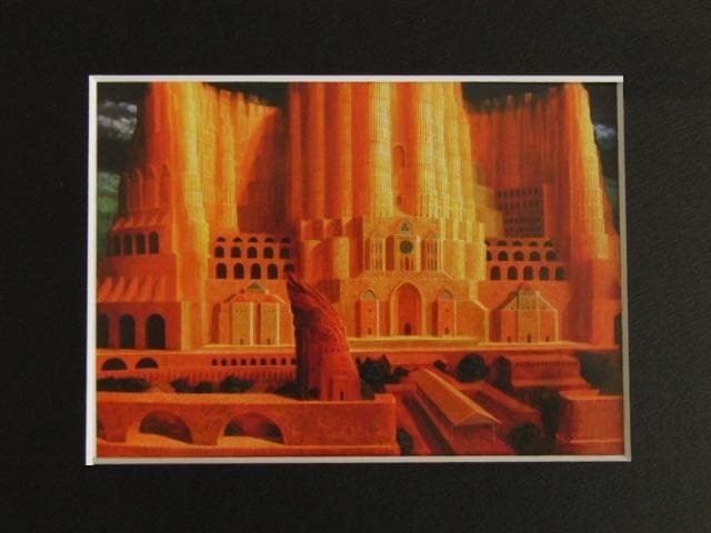 北澤茂夫、【駅のある街】、希少な額装用画集画、新品高級額 額装付、状態良好