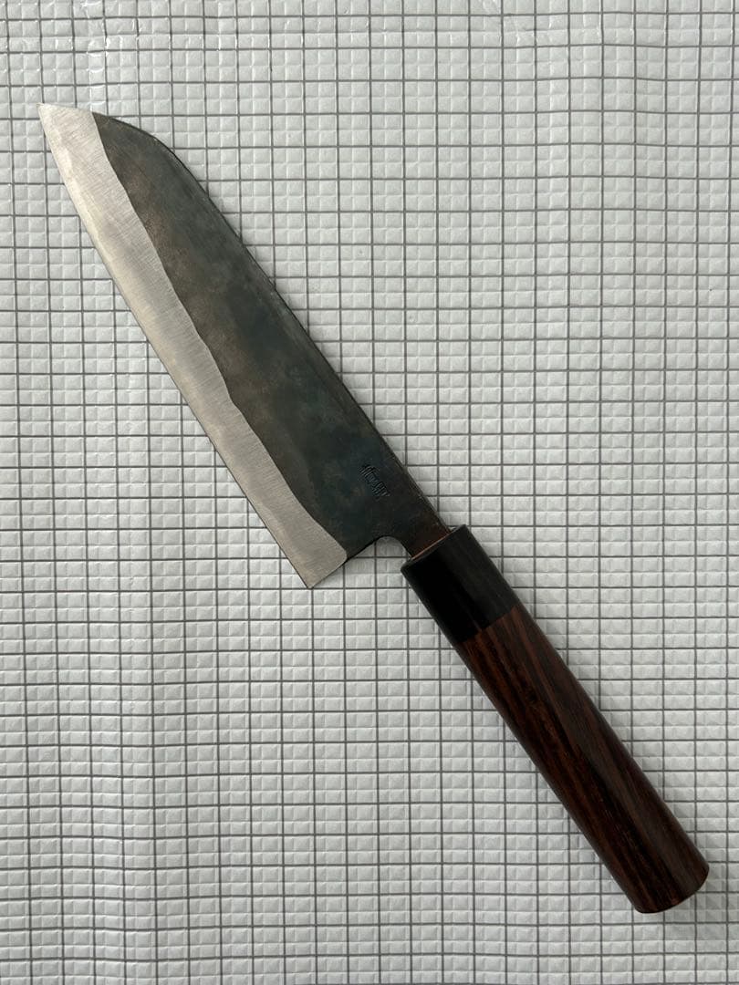 仙助 三徳 包丁 170mm 安来鋼 青紙二号 紫檀シノギ柄 黒打ち ②