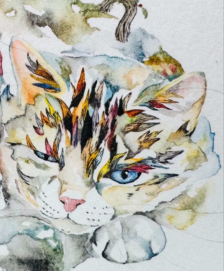 猫 水彩画 花