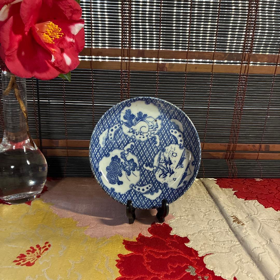 骨董　古伊万里　印判手　図変わり印判　雪割り窓絵　ウサギ　よろけ縞　１客