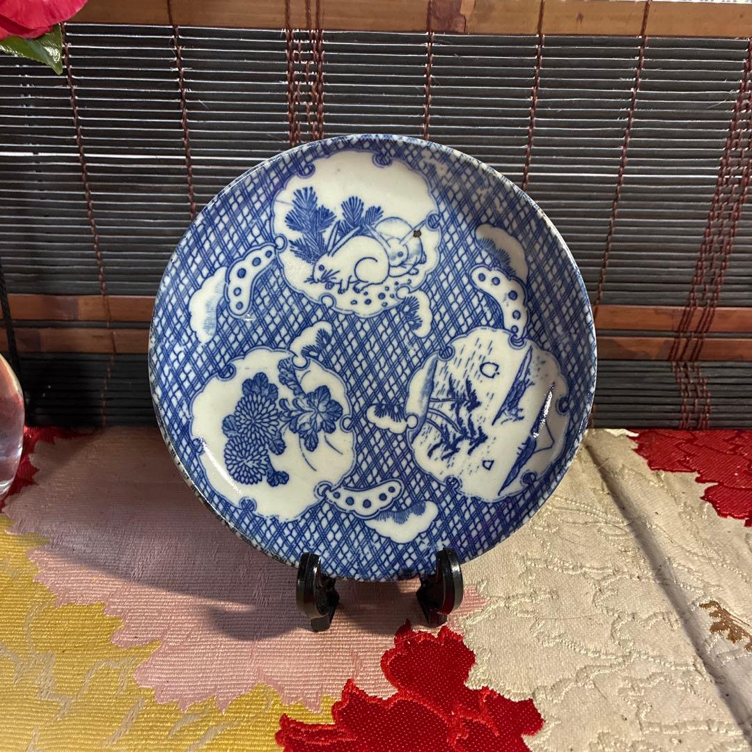 骨董　古伊万里　印判手　図変わり印判　雪割り窓絵　ウサギ　よろけ縞　１客
