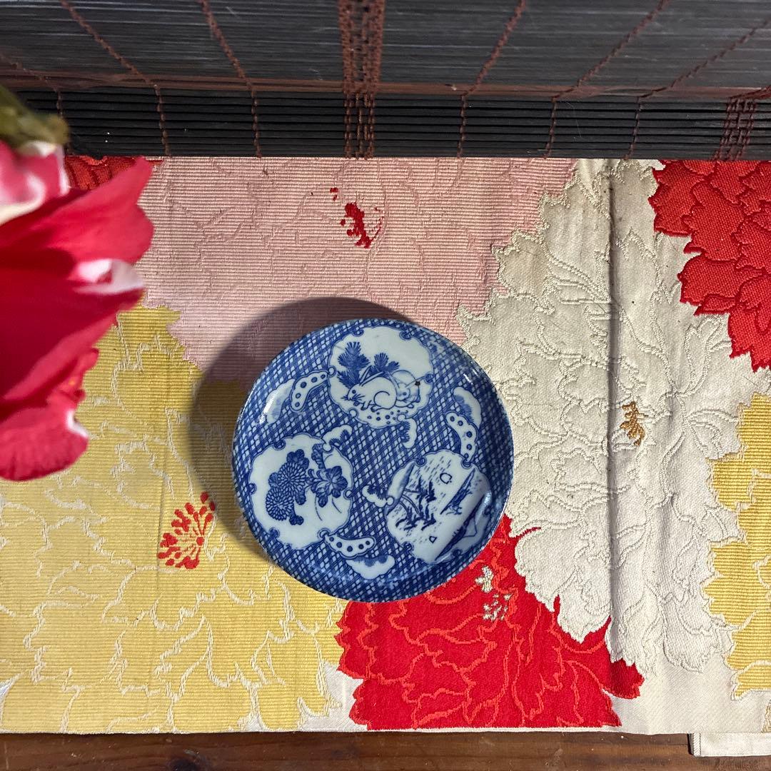 骨董　古伊万里　印判手　図変わり印判　雪割り窓絵　ウサギ　よろけ縞　１客