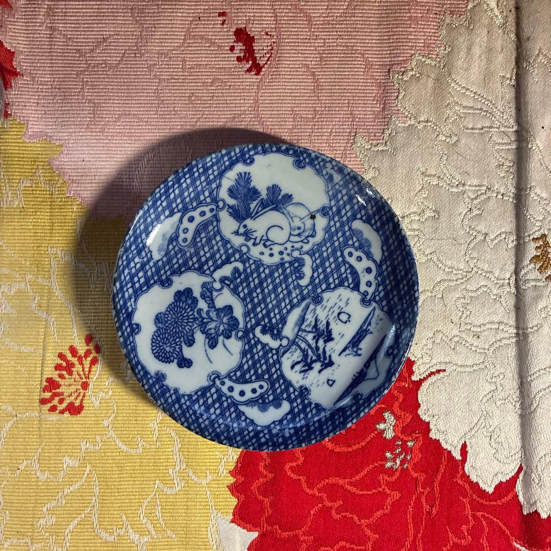 骨董　古伊万里　印判手　図変わり印判　雪割り窓絵　ウサギ　よろけ縞　１客