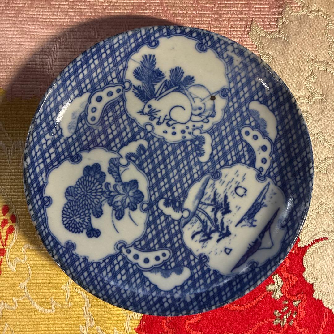 骨董　古伊万里　印判手　図変わり印判　雪割り窓絵　ウサギ　よろけ縞　１客