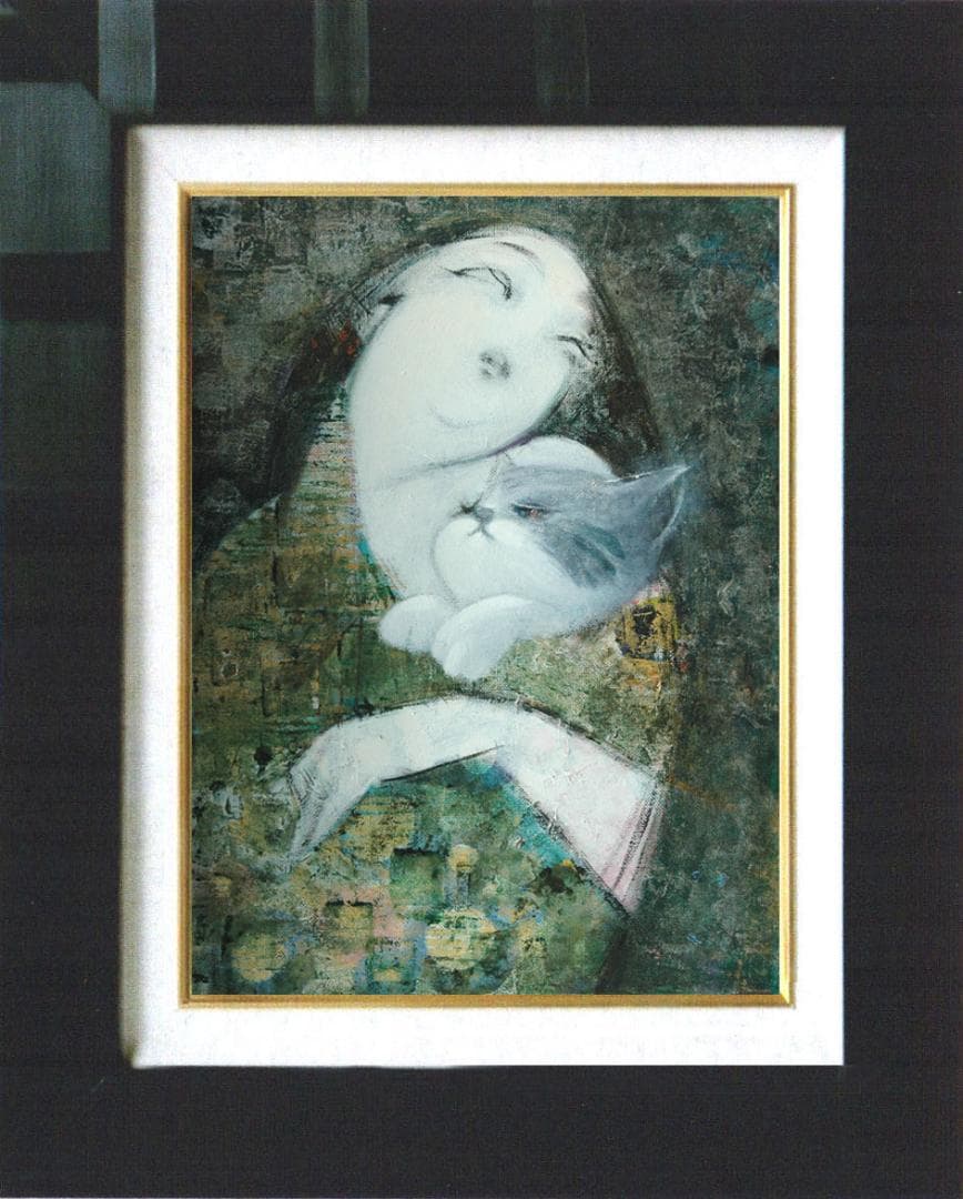 油絵 菅家令子絵 絵画インテリア額付(青緑＋金色の枠)F4-030719祈り母子