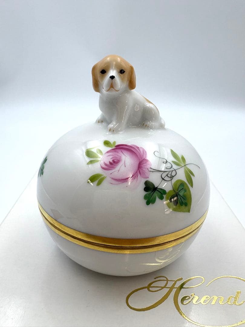 未使用保管品　ヘレンド ウィーンの薔薇　犬　ミニ　小物入れ ボンボニエール　箱付