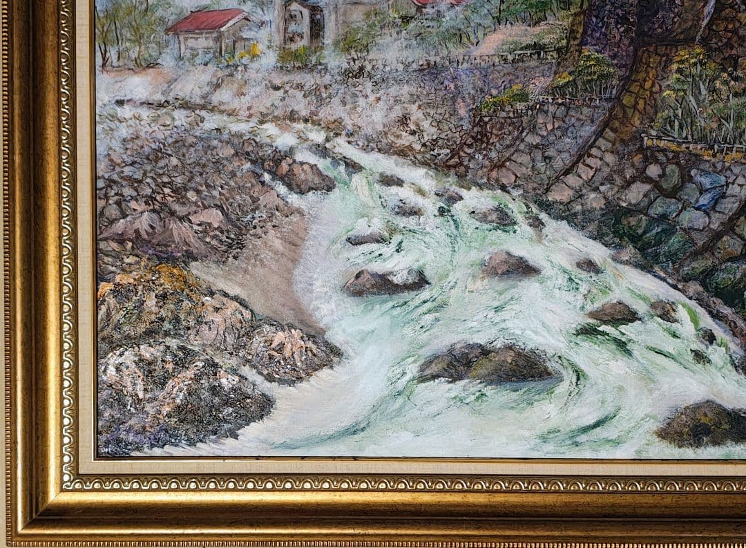 F30号 大型 油絵【旅情 温泉街 昭和レトロ】ヴィンテージ木製額縁付 店舗什器