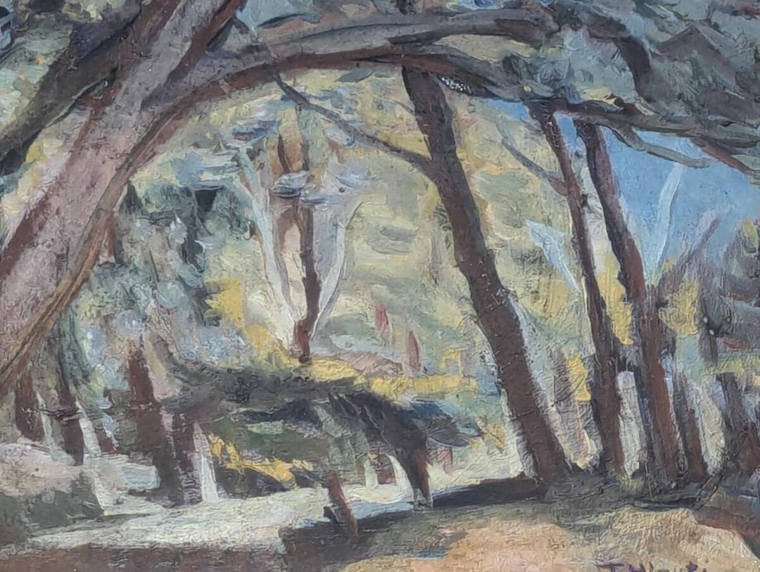 【真作】絵画　油彩（板絵）　樹間（軽井沢風景）　森林風景　木立の情景　Z91