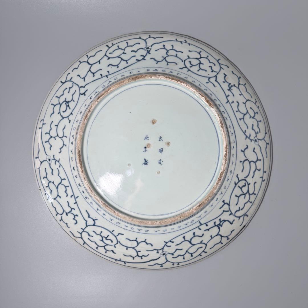 江戸期　古伊万里　染付蛸唐草文様大皿　太明成化年製　直径約43cm　裏花唐草文様