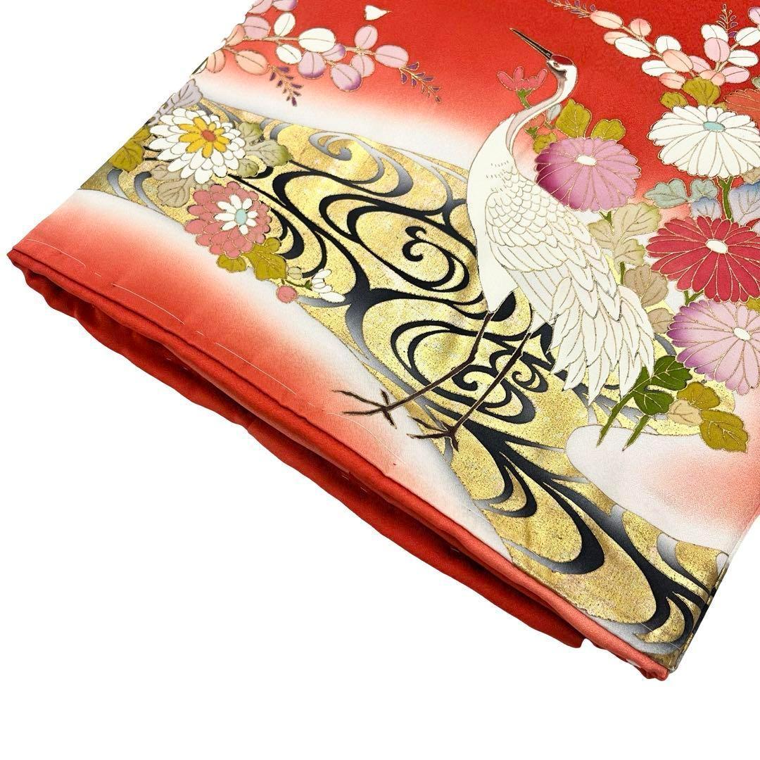 子供着物 襦袢付 女の子 一つ身 お宮参り 鶴 花柄 金彩 赤色 X-1003