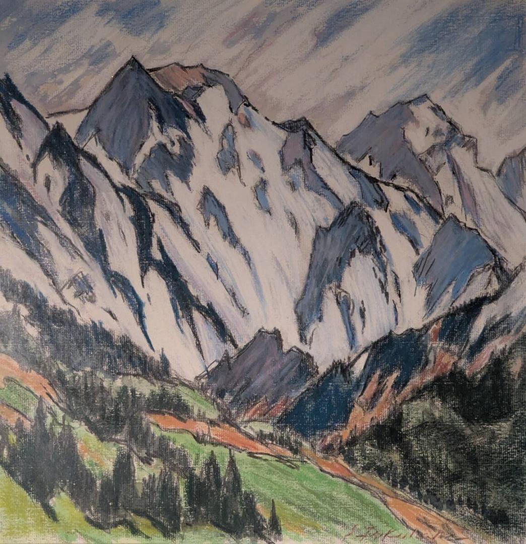 【真作】絵画　福原三郎　パステル画　初夏の白馬連峰　山岳風景画　Z99