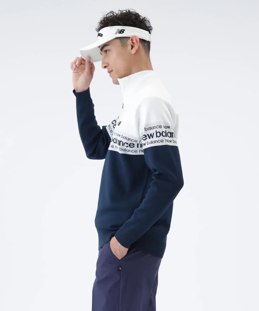 NewBalance ロゴライン軽量ハーフジップ スタンド ニット プルオーバー